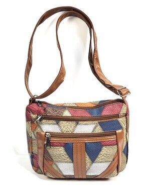 Shoulder Bag Vegan Leather Crocodile Snakeskin Colorblock Zippers Lady Brown NWT